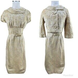 Vintage Jacquard 1950s Dress Jacket Set Gold S